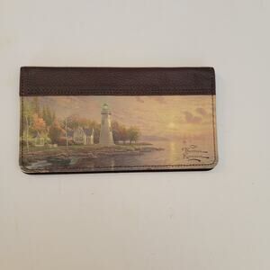 Thomas Kinkade Lighthouse Wallet Checkbook Cover Brown Leather Organizer Case XL